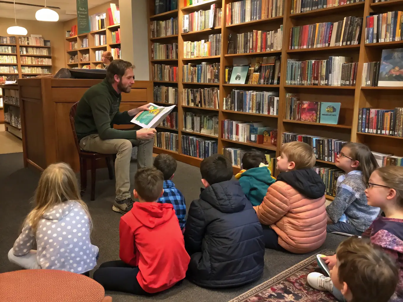 A photograph of a children's story time event at the Chierry Plaisir de Lire library, with a librarian reading to a group of young children sitting on a colorful rug.