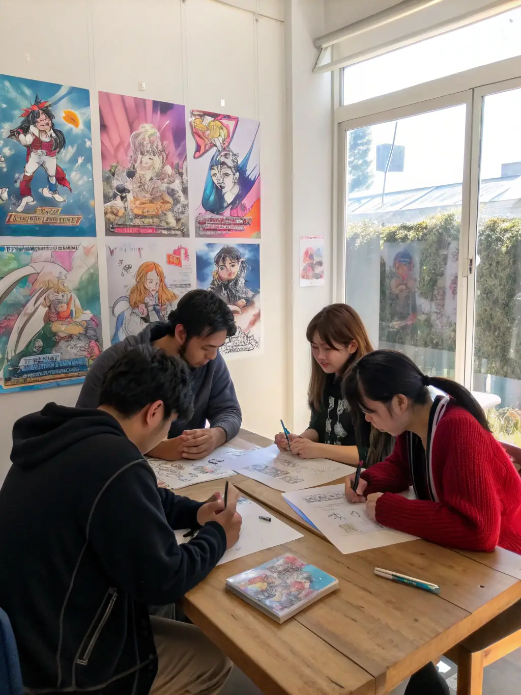 Teenagers participating in a creative writing workshop, brainstorming ideas and writing stories together in a collaborative and supportive environment at the library.