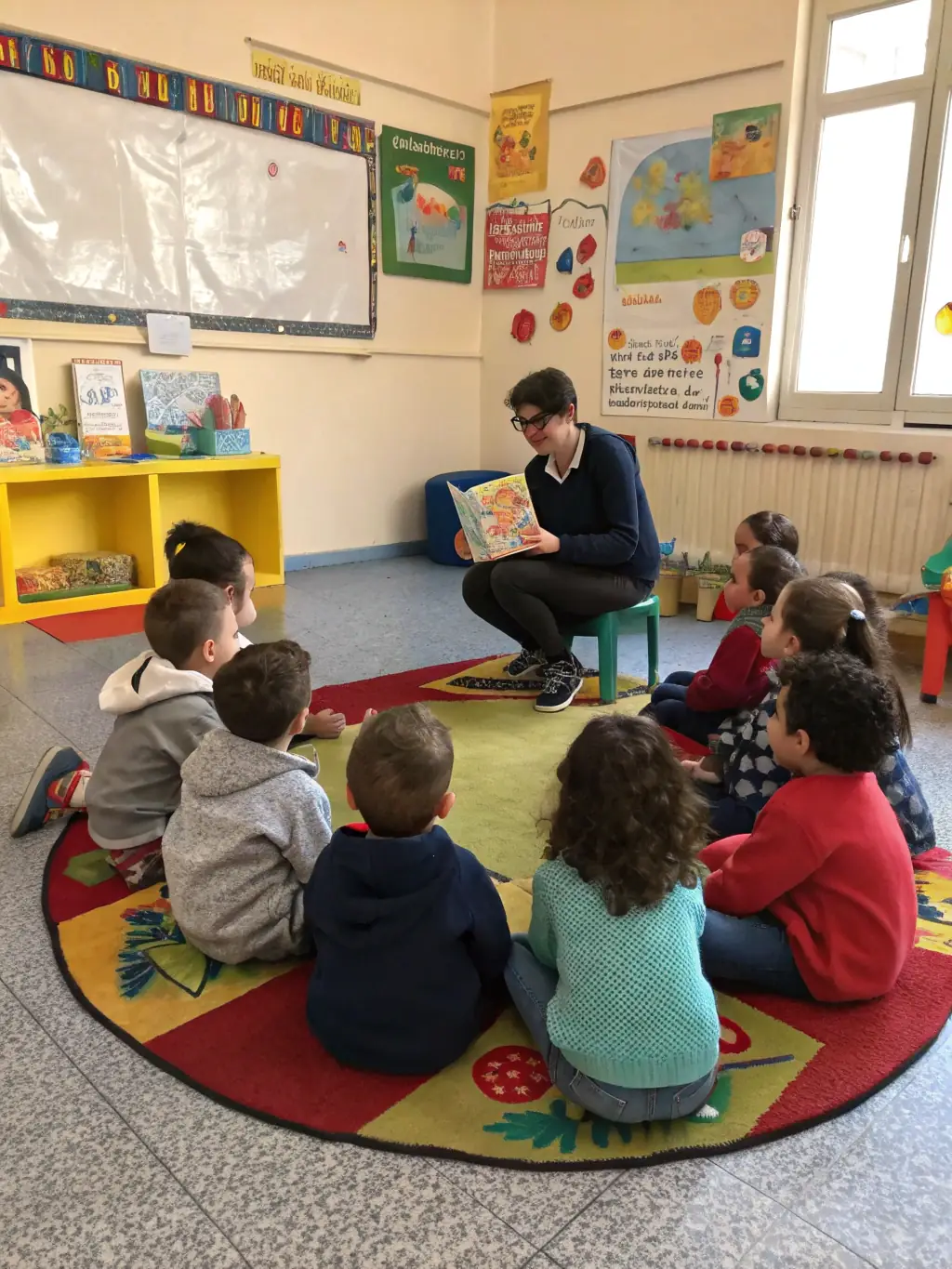 A group of children sitting in a circle, listening attentively to a librarian reading a storybook with colorful illustrations, in a brightly lit and welcoming library setting.