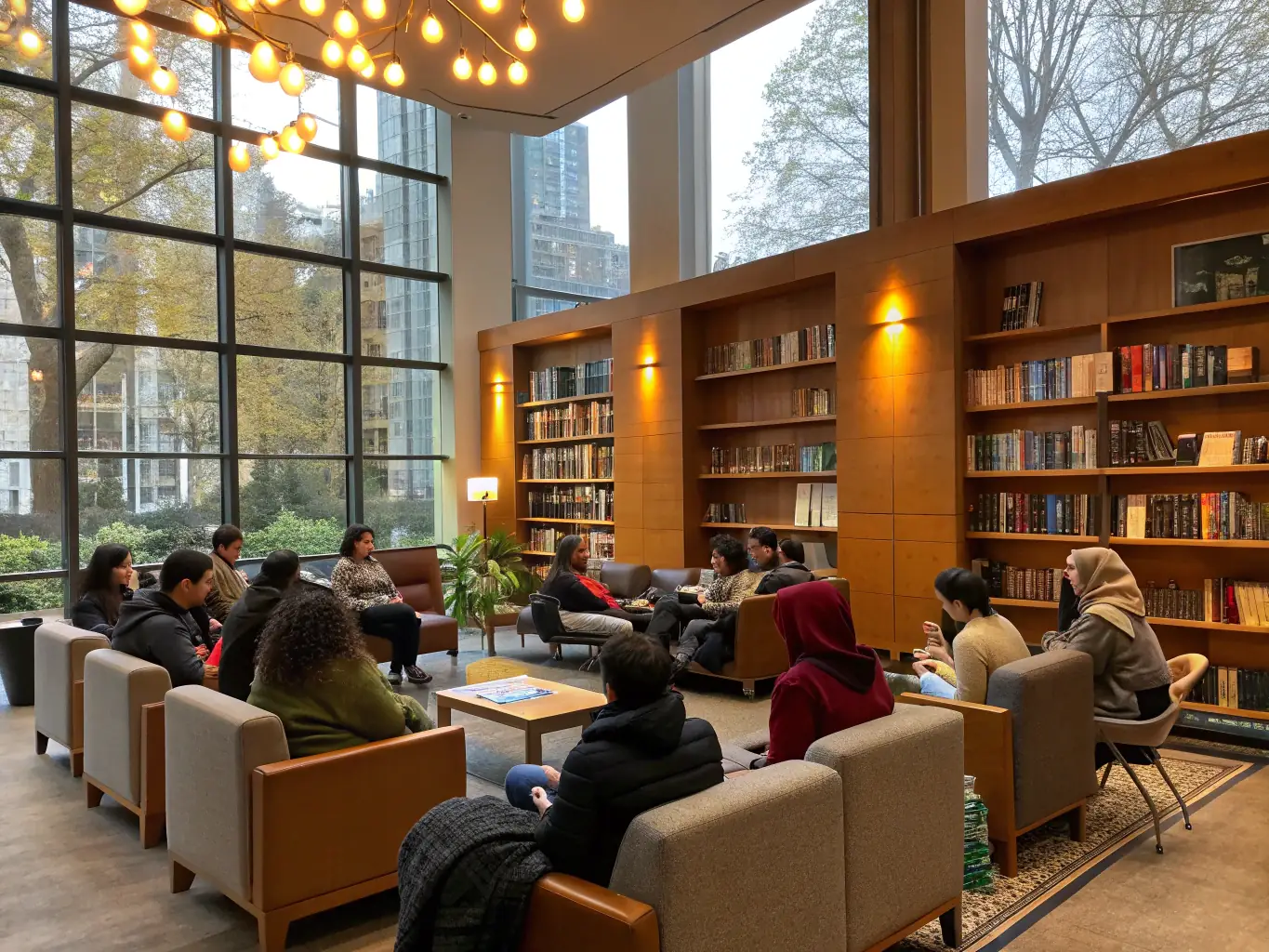 A diverse group of adults participating in a book discussion, sharing their thoughts and interpretations of the selected novel at the Chierry Plaisir de Lire library.