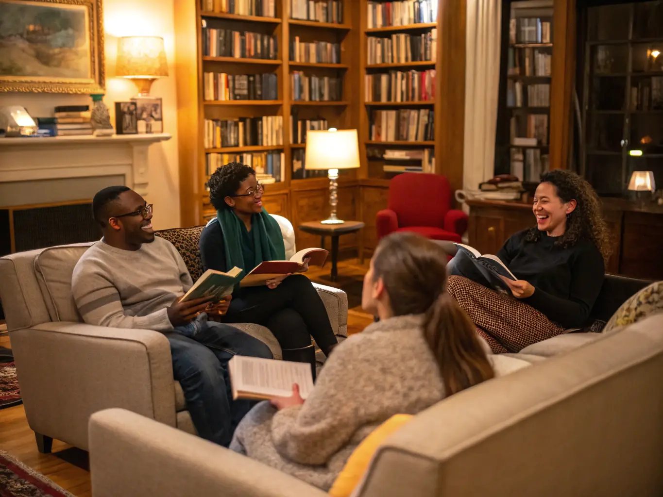 A photograph of a book club meeting at the Chierry Plaisir de Lire library, with a group of adults discussing a book around a table.